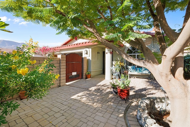 view of patio with a mountain view