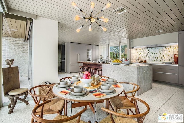 dining area with wooden ceiling and a notable chandelier