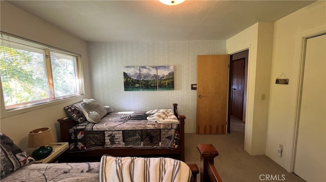 carpeted bedroom with a textured ceiling