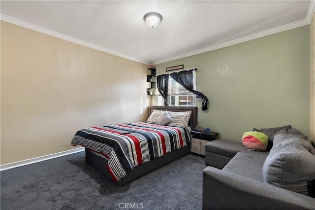 carpeted bedroom with crown molding