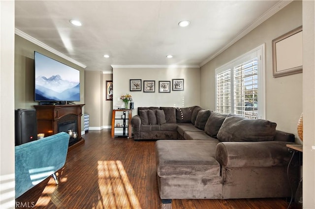 living room with crown molding and dark wood-type flooring