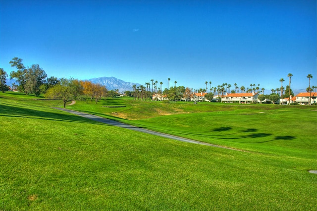 view of property's community with a mountain view and a yard