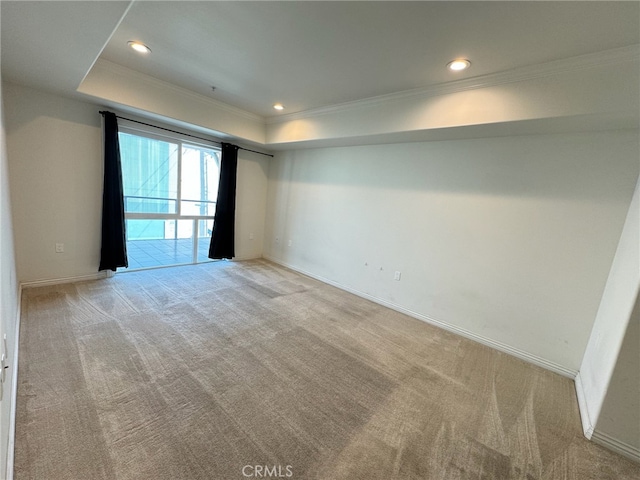 spare room with light carpet, a raised ceiling, and ornamental molding