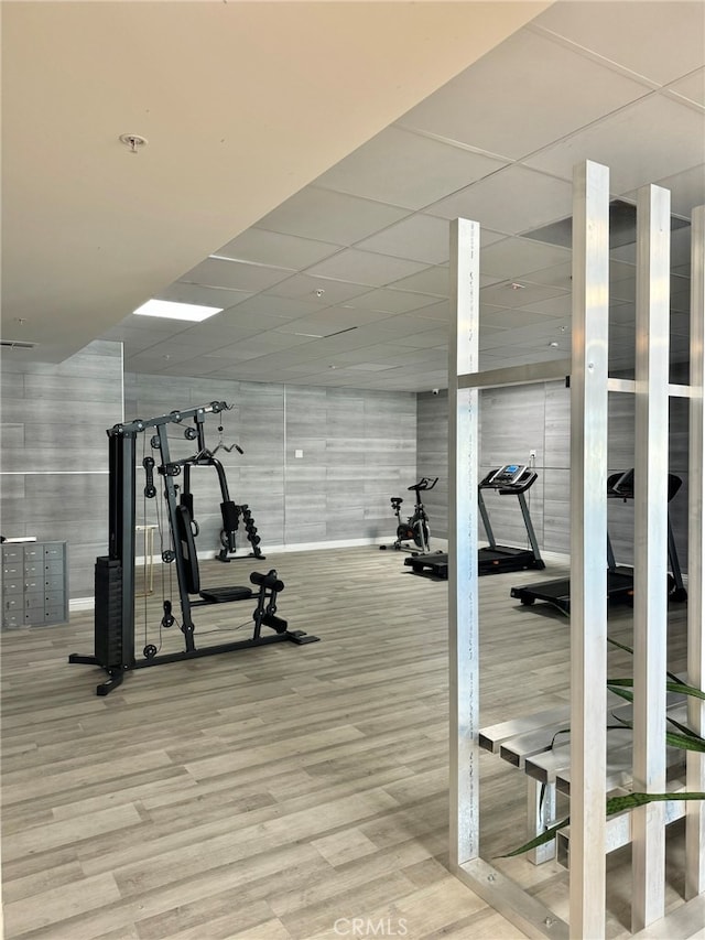 gym featuring a drop ceiling and hardwood / wood-style floors