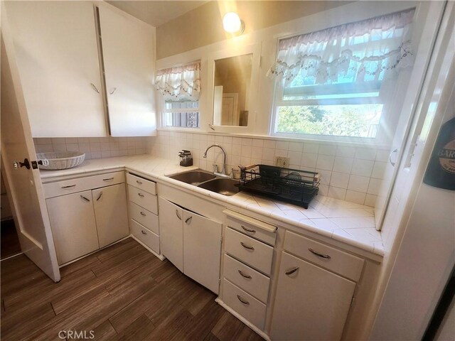 kitchen with white cabinets, dark hardwood / wood-style floors, sink, and a wealth of natural light