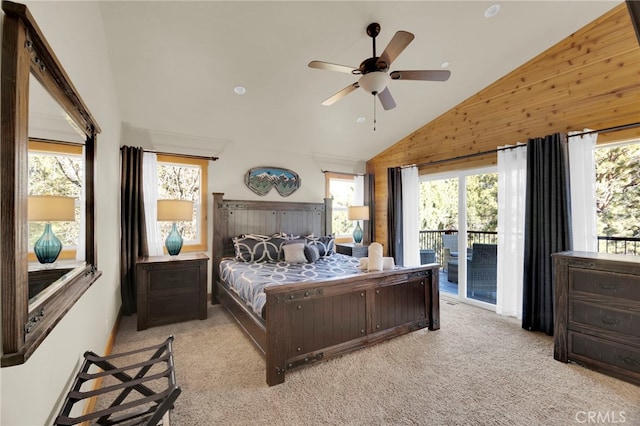 bedroom featuring multiple windows, ceiling fan, high vaulted ceiling, and access to exterior