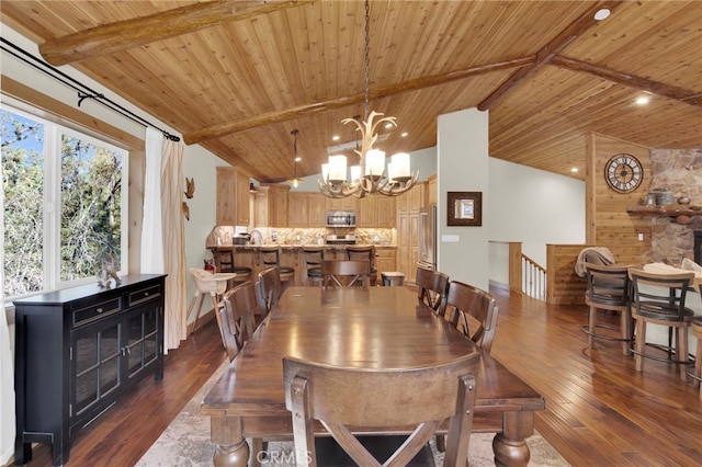 dining room featuring vaulted ceiling with beams, a chandelier, dark hardwood / wood-style flooring, and wood ceiling