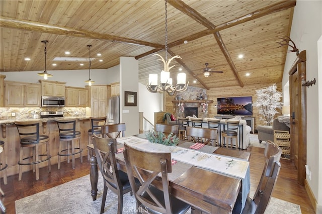 dining area featuring beam ceiling, wooden ceiling, a stone fireplace, high vaulted ceiling, and dark hardwood / wood-style floors