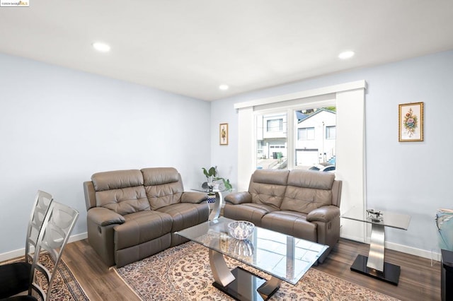 living room with dark hardwood / wood-style flooring