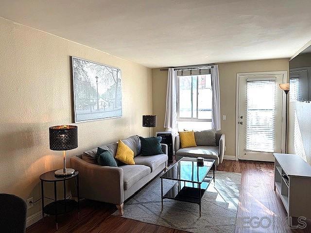 living room with dark hardwood / wood-style flooring