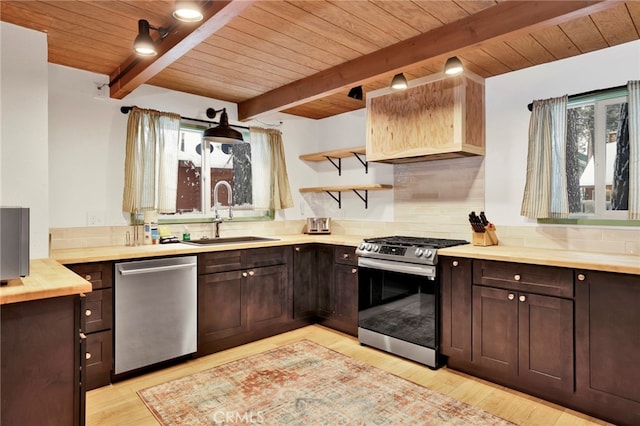 kitchen with beamed ceiling, stainless steel appliances, wooden ceiling, sink, and light wood-type flooring