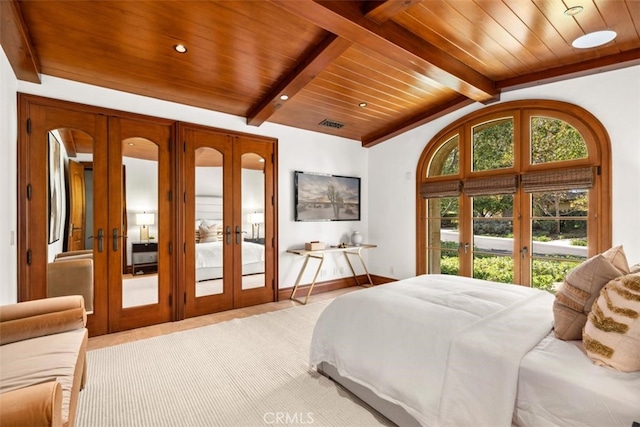 bedroom featuring access to outside, french doors, lofted ceiling with beams, and wooden ceiling