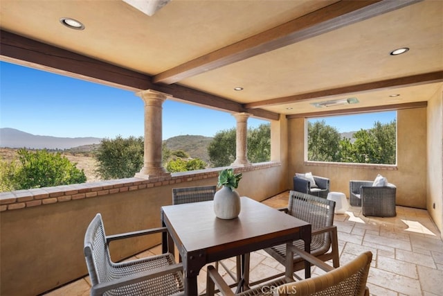 view of patio with a mountain view