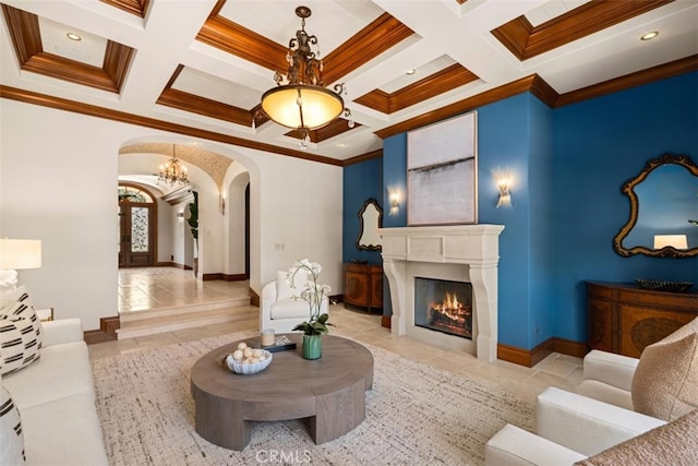 tiled living room with crown molding, beamed ceiling, and coffered ceiling