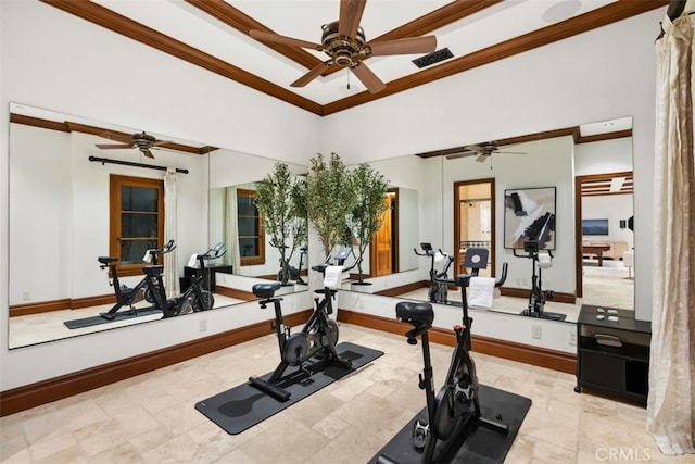 workout room with ornamental molding