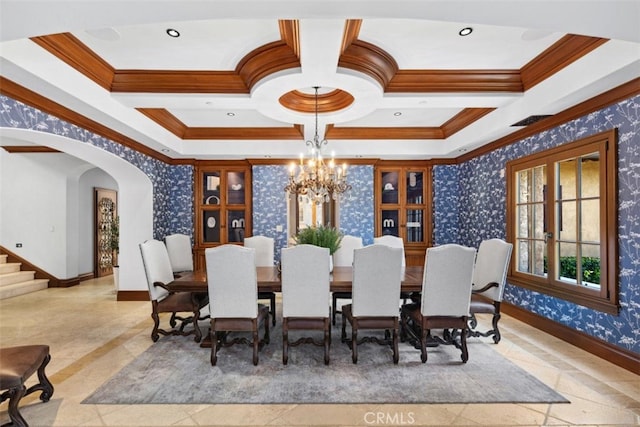 dining space featuring beamed ceiling, crown molding, a notable chandelier, and coffered ceiling