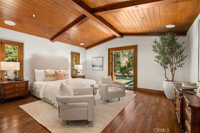 bedroom featuring vaulted ceiling with beams, access to outside, dark hardwood / wood-style floors, and wood ceiling