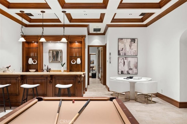 bar featuring beam ceiling, coffered ceiling, and pendant lighting