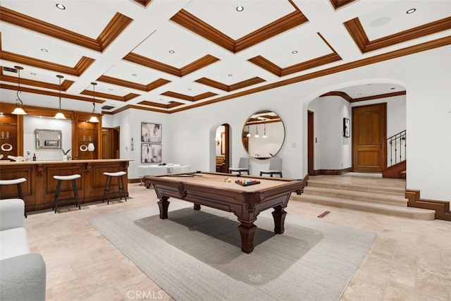 playroom with pool table, beam ceiling, indoor bar, crown molding, and coffered ceiling