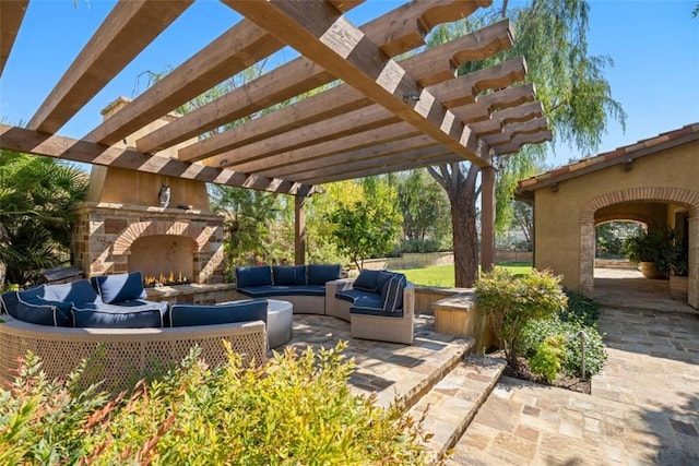 view of patio with an outdoor living space and a pergola