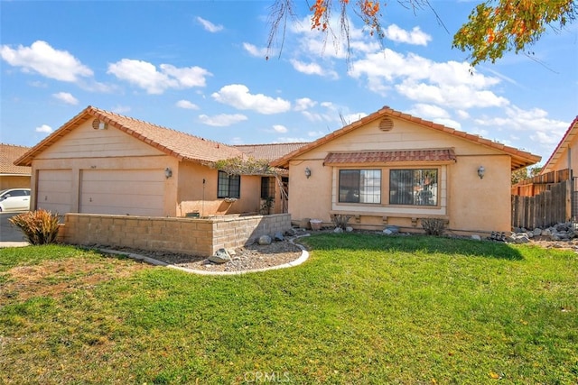 ranch-style house with a garage and a front yard