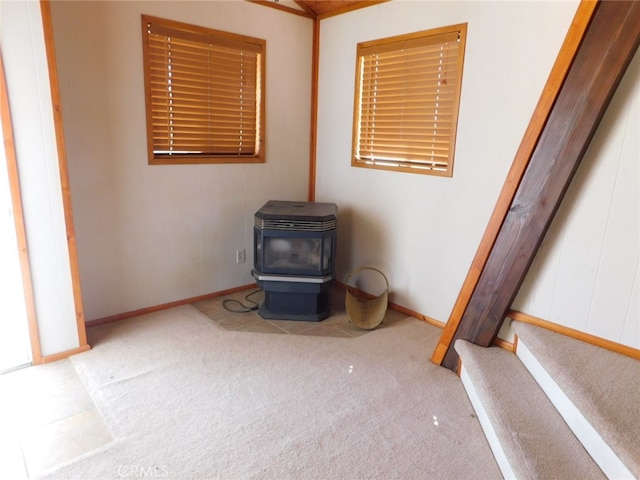 interior details with a wood stove and carpet flooring