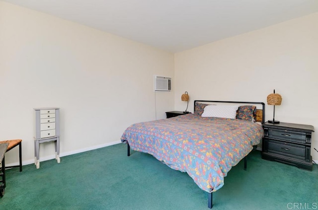 bedroom with dark carpet and an AC wall unit