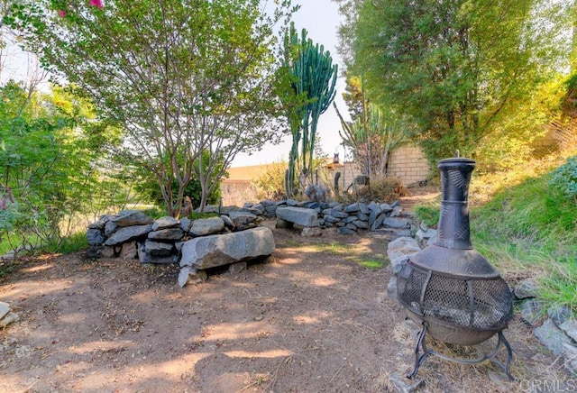 view of yard featuring an outdoor fire pit