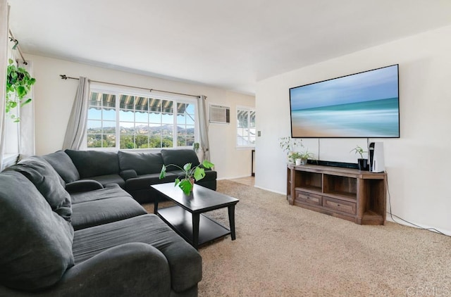 carpeted living room featuring a wall mounted AC