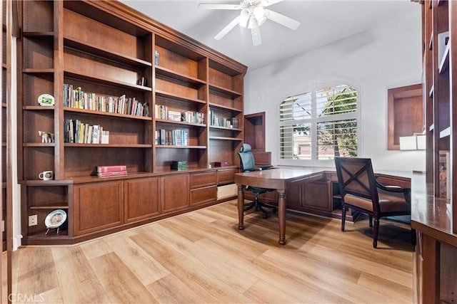 office area with ceiling fan and light hardwood / wood-style floors