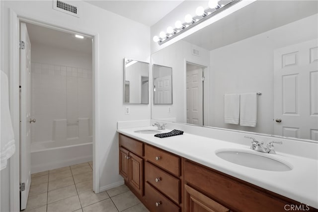 bathroom featuring vanity, tile patterned floors, and shower / bathtub combination