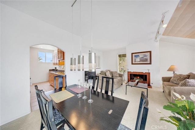 carpeted dining area with sink and track lighting