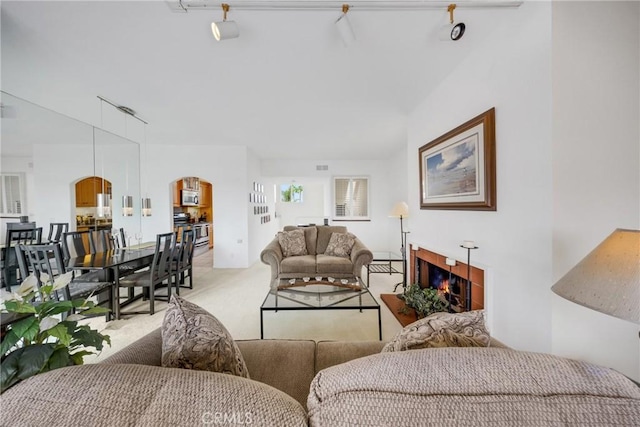 living room with light colored carpet and track lighting