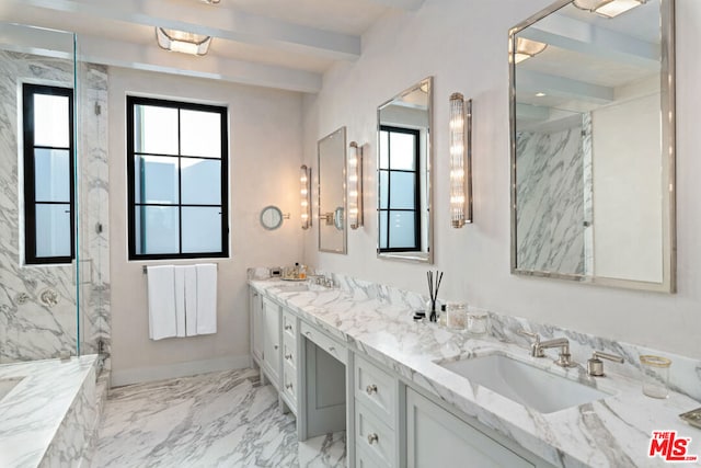 bathroom featuring a tile shower, vanity, and radiator