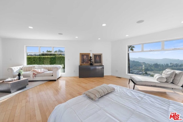 bedroom with a mountain view and light wood-type flooring