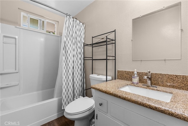 full bathroom featuring shower / bath combination with curtain, vanity, toilet, and hardwood / wood-style flooring