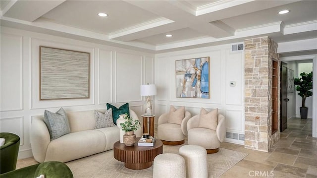 living room featuring beam ceiling, crown molding, and coffered ceiling