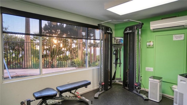 workout area with a wall unit AC and carpet floors