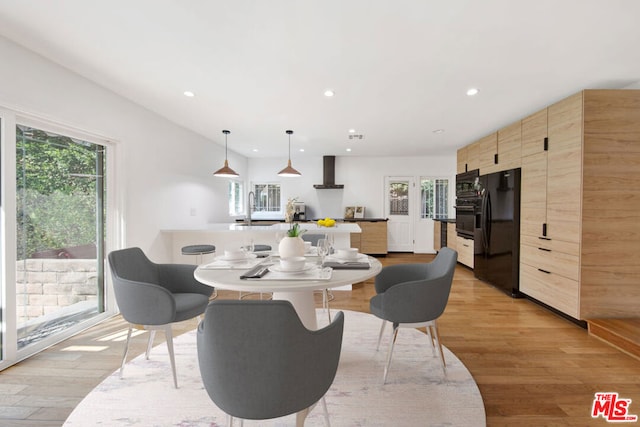 dining area featuring sink, light hardwood / wood-style flooring, and a wealth of natural light