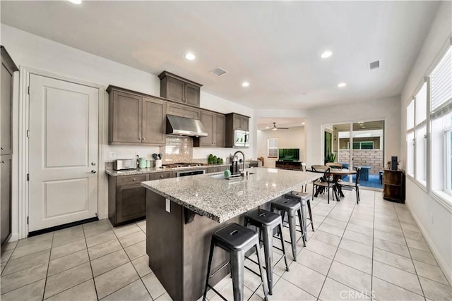 kitchen featuring ceiling fan, sink, ventilation hood, an island with sink, and appliances with stainless steel finishes