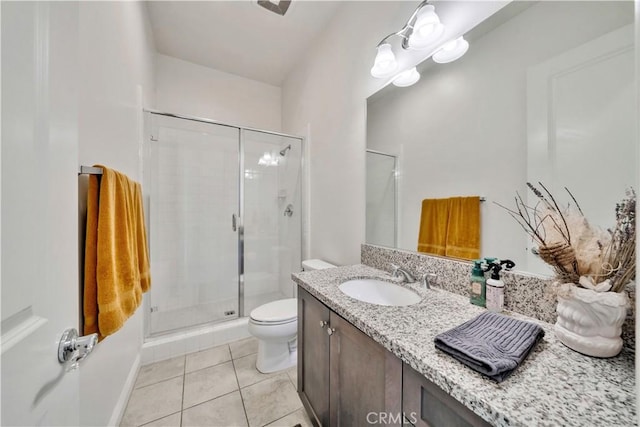 bathroom with tile patterned floors, vanity, an enclosed shower, and toilet