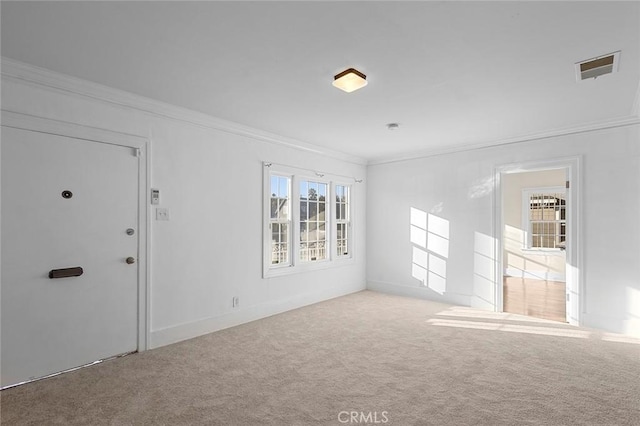 interior space featuring ornamental molding and light carpet