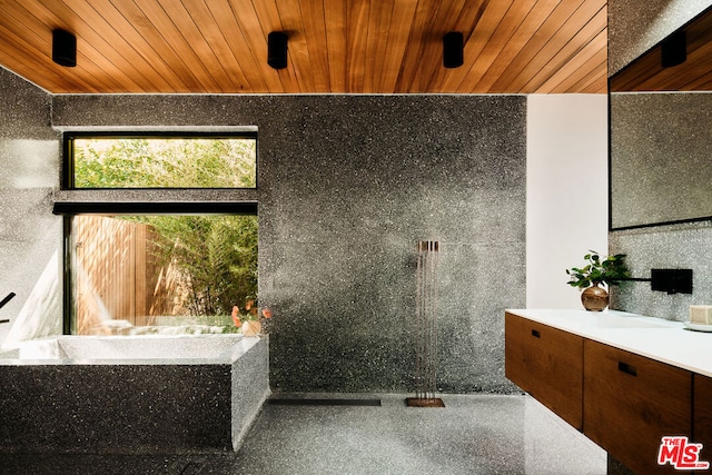 bathroom with decorative backsplash, wood ceiling, and vanity