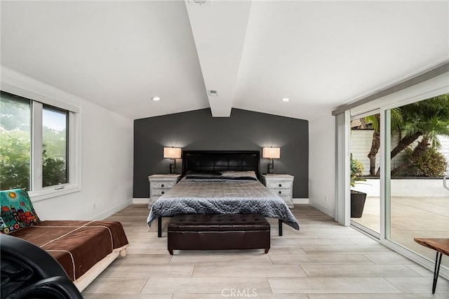 bedroom featuring access to exterior, lofted ceiling with beams, and light hardwood / wood-style flooring