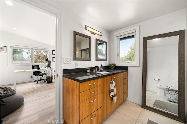 bathroom featuring vanity, wood-type flooring, lofted ceiling, and a healthy amount of sunlight