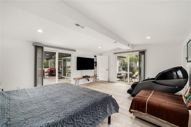 bedroom featuring access to outside, vaulted ceiling with beams, and light hardwood / wood-style floors