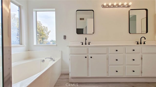 bathroom featuring hardwood / wood-style flooring, vanity, and a healthy amount of sunlight