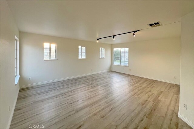 spare room featuring a wealth of natural light, light hardwood / wood-style flooring, and track lighting