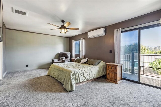 bedroom with crown molding, light carpet, access to outside, an AC wall unit, and ceiling fan