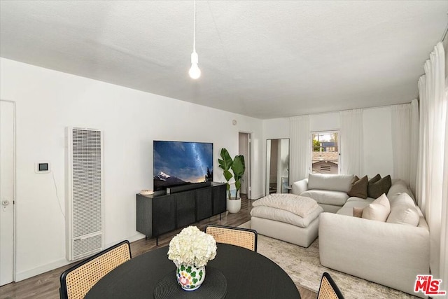 living room with hardwood / wood-style floors and a textured ceiling